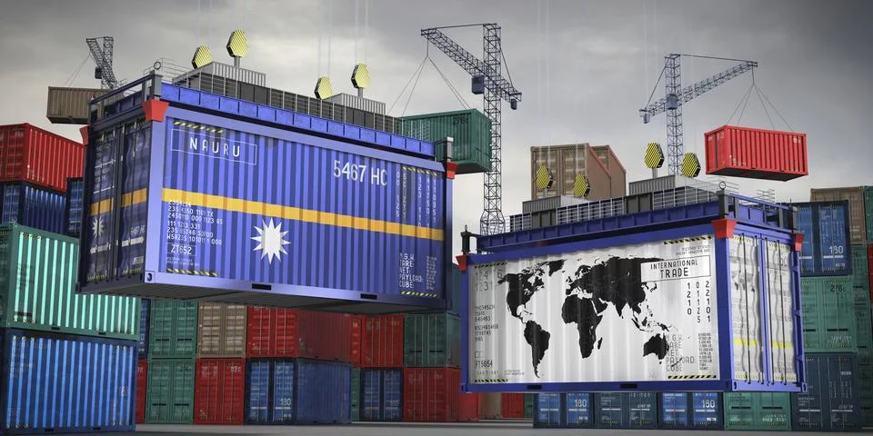 Flags of Nauru and world map on cargo containers Stock Illustration