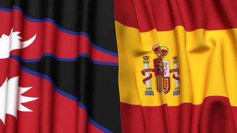 Flags of NEPAL and SPAIN with realistic cloth texture Stock Illustration