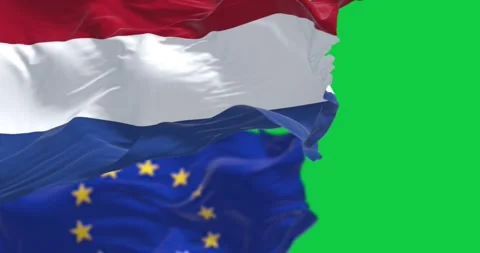 Flags of the Netherlands and the EU waving isolated on green background Stock Footage 291286313
