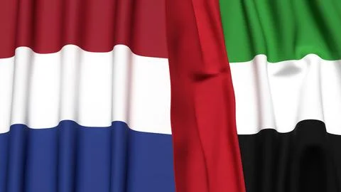 Flags of NETHERLANDS and UAE with realistic cloth texture Stock Illustration