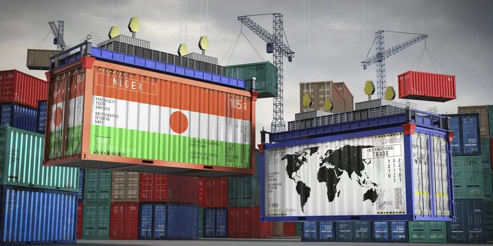 Flags of Niger and world map on cargo containers Stock Illustration
