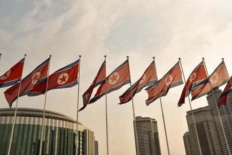 Flags of North Korea flutter in the wind Foto stock