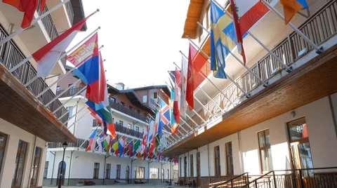 Flags in the Olympic village Roza Khutor. Russia, Sochi. 1280x720 스톡 동영상 52717541