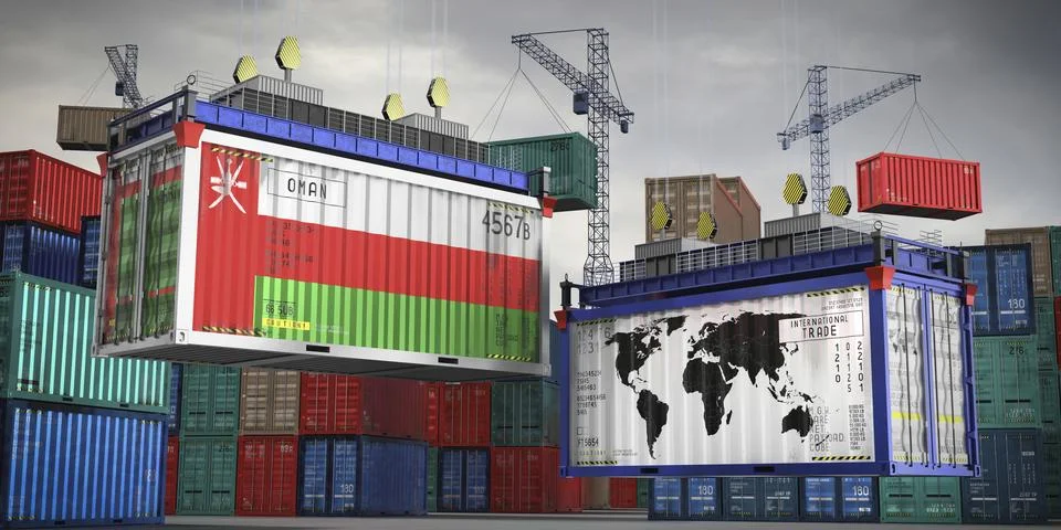 Flags of Oman and world map on cargo containers Stock Illustration