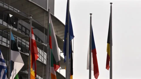 Flags outside the EU HQ Strasbourg Stock Footage 35531217