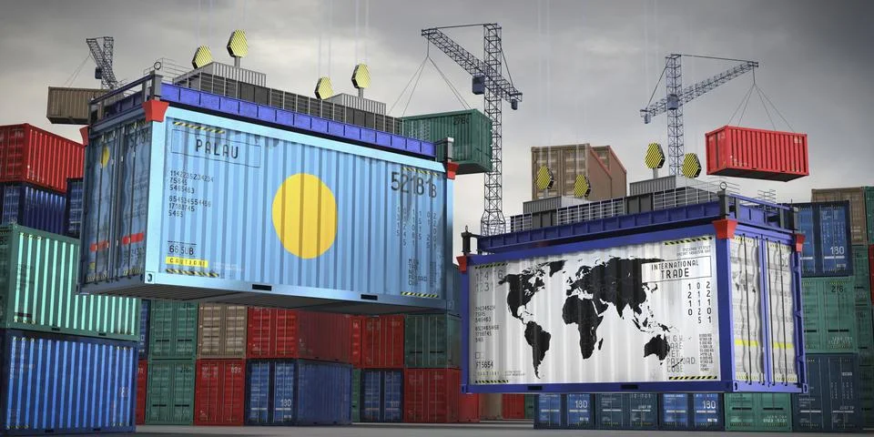 Flags of Palau and world map on cargo containers Stock Illustration