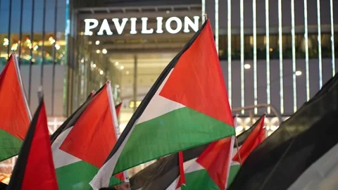 Flags of Palestine are flying in front of Pavilion 스톡 동영상 318261077
