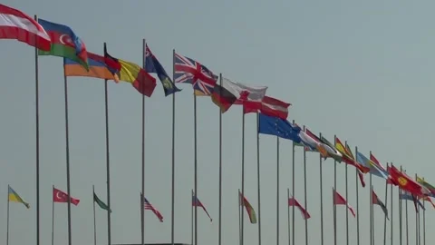 Flags of participating states at MAKS-2011. Flags are mounted on flagpoles. Stock Footage 208348256