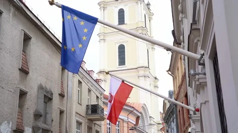 Flags of Poland and the EU Union Stock-Footage 238860731