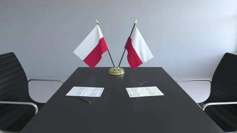 Flags of Poland and papers on the table. Negotiations and signing an agreement Stock Illustration