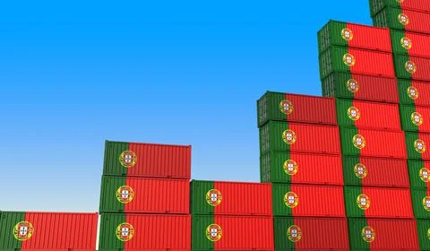 Flags of Portugal on cargo containers making a rising graph. Industrial growth Illustration