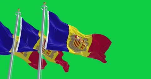 Flags of the Principality of Andorra waving in the wind isolated on green b.. Stock-Footage 272435247