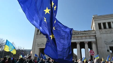 Flags at Protest against Ukraine War in Koenigsplatz in Munich, Germany Stock Footage 171764810