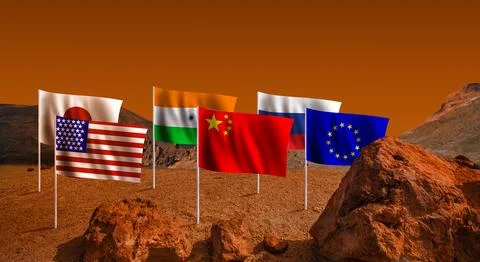 Flags on red Mars planet background. Exploration and science fiction backgrou Stock Photos