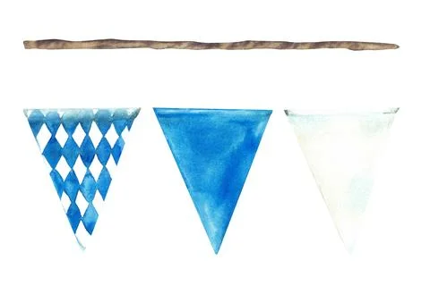 Flags on the rope Blue, rhombus and white triangular pennant set. Watercolor Illustrazione stock