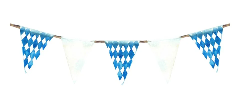 Flags on the rope. Blue, rhombus and white triangular pennant. Watercolor 스톡 일러스트