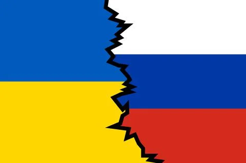 Flags of Russia and Ukraine with a split between them, showing the conflict Stock Illustration