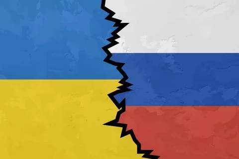 Flags of Russia and Ukraine with a split between them, showing the conflict Stock Illustration