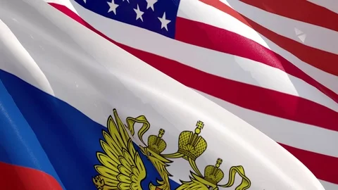 Flags of Russia and USA Stock Footage
