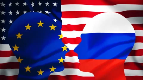Flags Russia EU US as persons, global politics international relations concept Stock Footage 304008465
