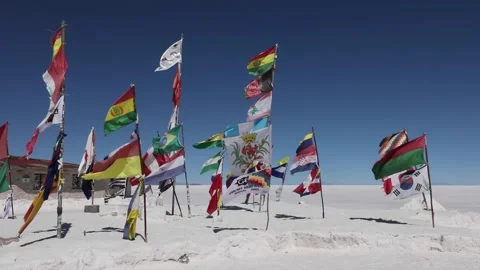 Flags at Salar de Uyuni, Bolivia Stock Footage 202194064