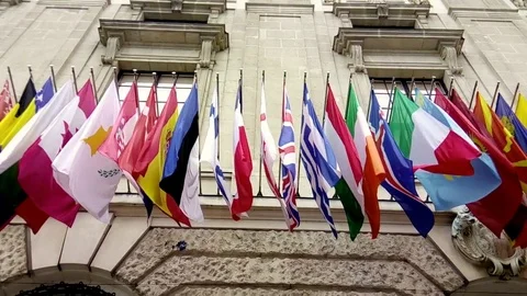 Flags from several nations in the wind Stock Footage 82338905