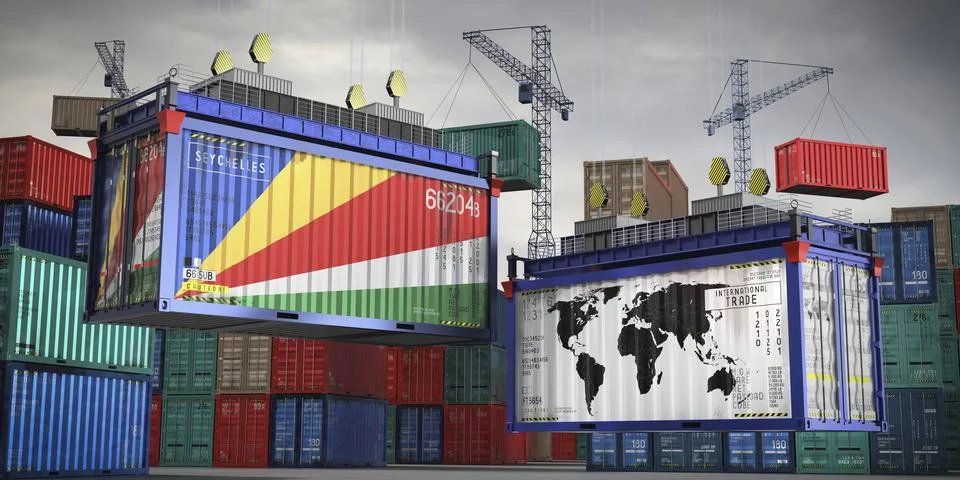 Flags of Seychelles and world map on cargo containers Stock Illustration