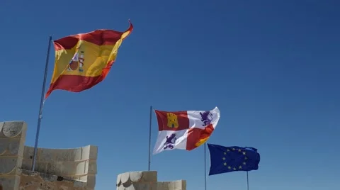 Flags of Spain, castilla y leon and european union Stock Footage 65057608