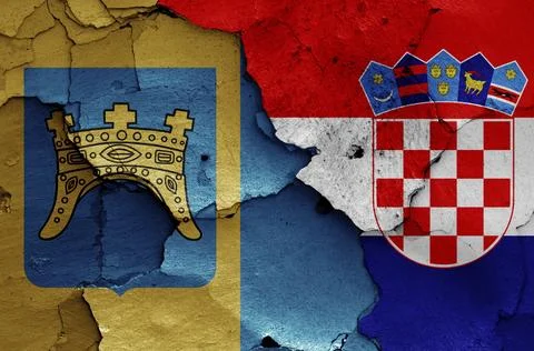 Flags of Split-Dalmatia County and Croatia painted on cracked wall Stock Illustration