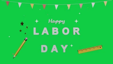 Flags starting Happy LABOR DAY animating, ruler gliding, confetti on transparent Stock Footage 340269434