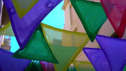 Flags on the street made from recycled plastic bags. street decoration Stock Footage 114482701