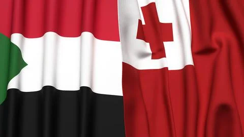 Flags of SUDAN and TONGA with realistic cloth texture Stock Illustration