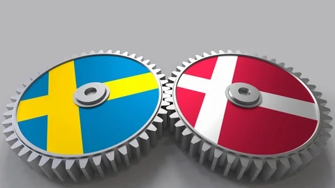 Flags of Sweden and Denmark on meshing gears. International cooperation Stock Footage 87326174