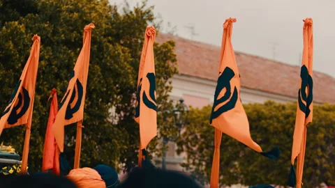 Flags symbolizing the Indian Sikh religion wave during the Vaisakhi parade Stock Footage 336202739