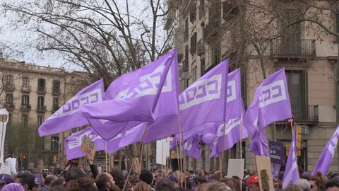 Flags with symbols of The Workers' Commissions, Comisiones Obreras, CCOO Vídeos de archivo 126978258