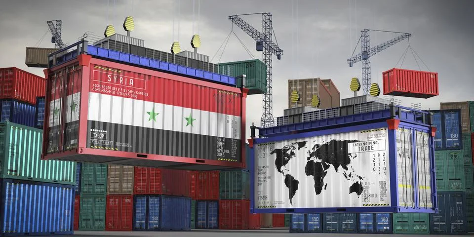 Flags of Syria and world map on cargo containers Stock Illustration