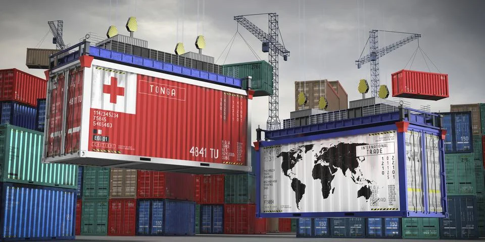 Flags of Tonga and world map on cargo containers Stock Illustration