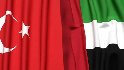 Flags of TURKEY and UAE with realistic cloth texture Stock Photos