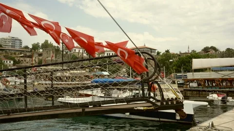 Flags of Turkey on a pleasure boat Stock Footage 113292195