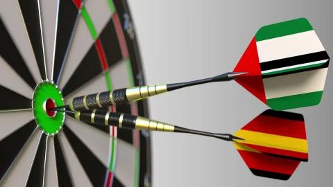 Flags of the UAE and Germany on darts hitting bullseye of the target Stock Illustration