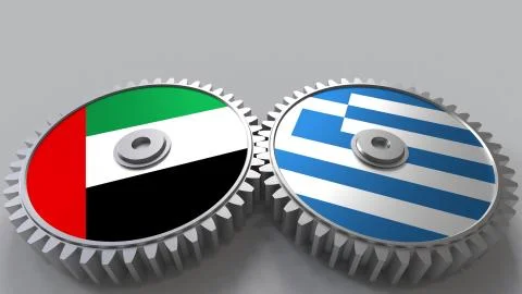 Flags of the UAE and Greece on meshing gears. International cooperation 스톡 일러스트