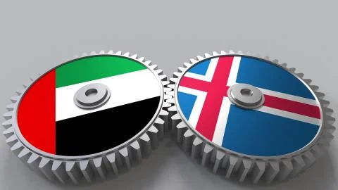 Flags of the UAE and Iceland on meshing gears. International cooperation 스톡 일러스트