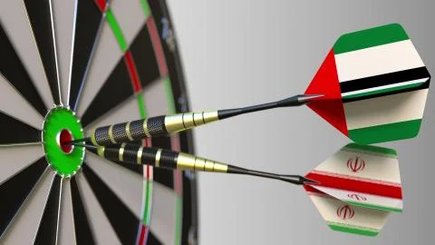 Flags of the UAE and Iran on darts hitting bullseye of the target. International Stock Illustration