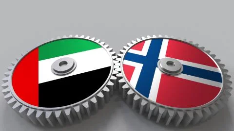 Flags of the UAE and Norway on meshing gears. International cooperation 스톡 일러스트