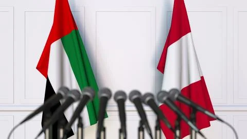 Flags of the UAE and Peru at international meeting or conference. 3D rendering Illustrazione stock