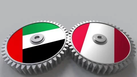 Flags of the UAE and Peru on meshing gears. International cooperation conceptual 스톡 일러스트