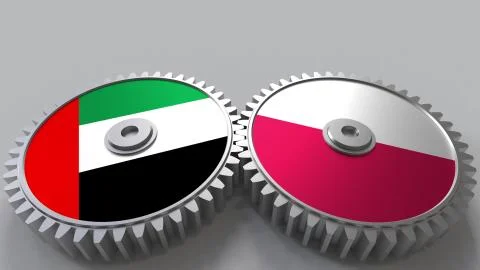 Flags of the UAE and Poland on meshing gears. International cooperation 스톡 일러스트