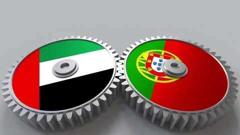 Flags of the UAE and Portugal on meshing gears. International cooperation 스톡 일러스트