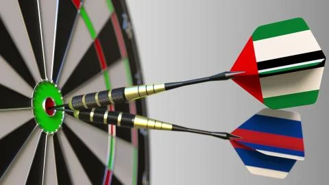 Flags of the UAE and Russia on darts hitting bullseye of the target Stock Illustration