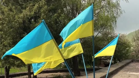 The flags of Ukraine are fluttering in the wind. Big flags. Stock Footage 190624624